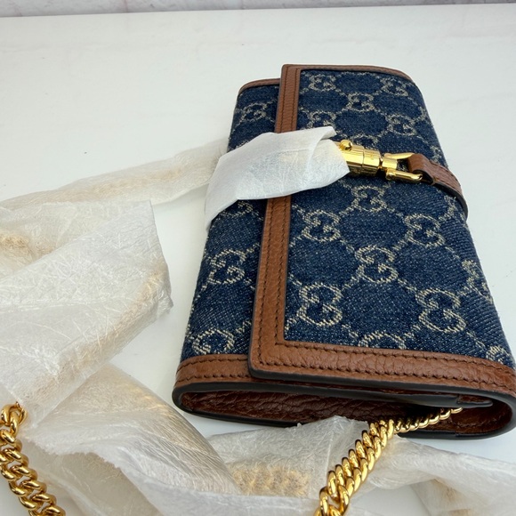 Gucci NWT Denim Jackie 1961 Monogram Wallet on Chain - Picture 5 of 13